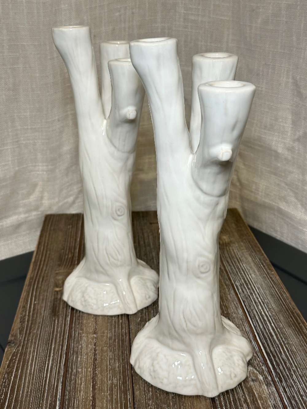 Set of 2 stoneware Roscher “Nature’s Nest” tree candle holders